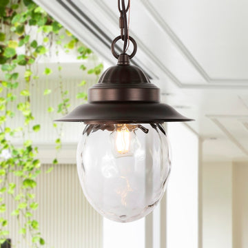 Manteo 8.25" Farmhouse Industrial Iron/Glass Outdoor LED Pendant - JONATHAN Y